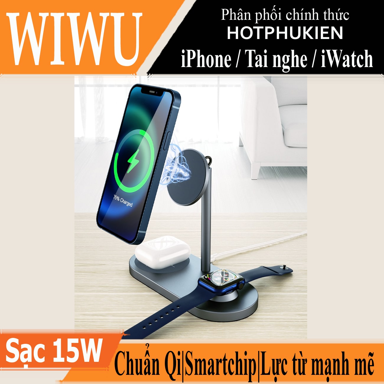 Giá đỡ kiêm đế sạc không dây Qi sạc nhanh 15W 3 in 1 dành cho Apple Airpods / Apple Watch / iPhone hiệu WIWU Power Air Wireless Charger X23