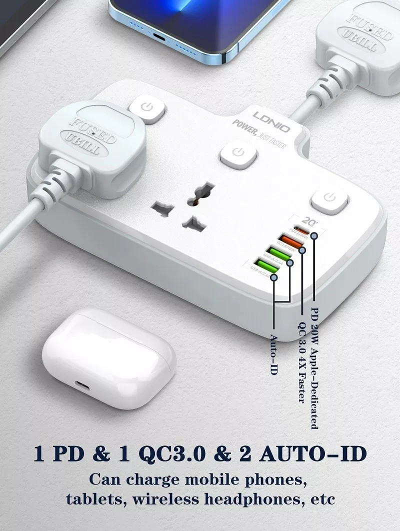 Ổ cắm điện đa năng 6 in 1 hỗ trợ sạc nhanh 20W ra 2 ổ cắm điện, 1 PD Type C 20W và  3 USB A QC 3.0 18W hiệu LDNIO SC2413