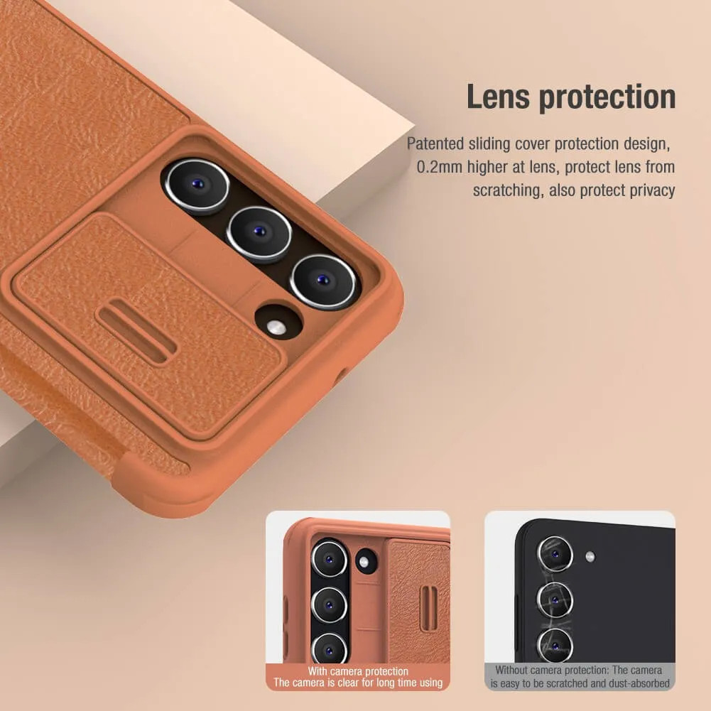 Case bao da chống sốc cho Samsung Galaxy S23 / S23 Plus / S23+ trang bị nắp bảo vệ Camera hiệu Nillkin Qin Pro