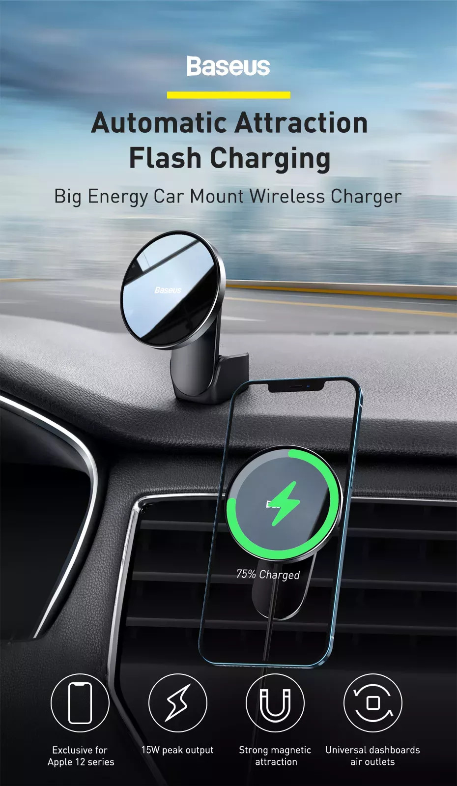 Giá đỡ điện thoại sạc không dây sạc nhanh 15W tích hợp nam châm chuẩn Qi dùng trên xe hơi / ô tô / để bàn hiệu Baseus Big Energy Car Mount Wireless Charger