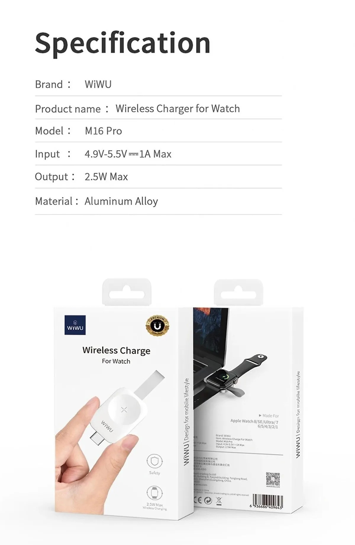 Dock sạc không dây hít nam châm hỗ trợ sạc nhanh 2.5W dành cho Apple Watch series 1 / 2 / 3 / 4 / 5 / 6 / 7 / 8 / SE chuẩn MFi hiệu Wiwu M16 Pro
