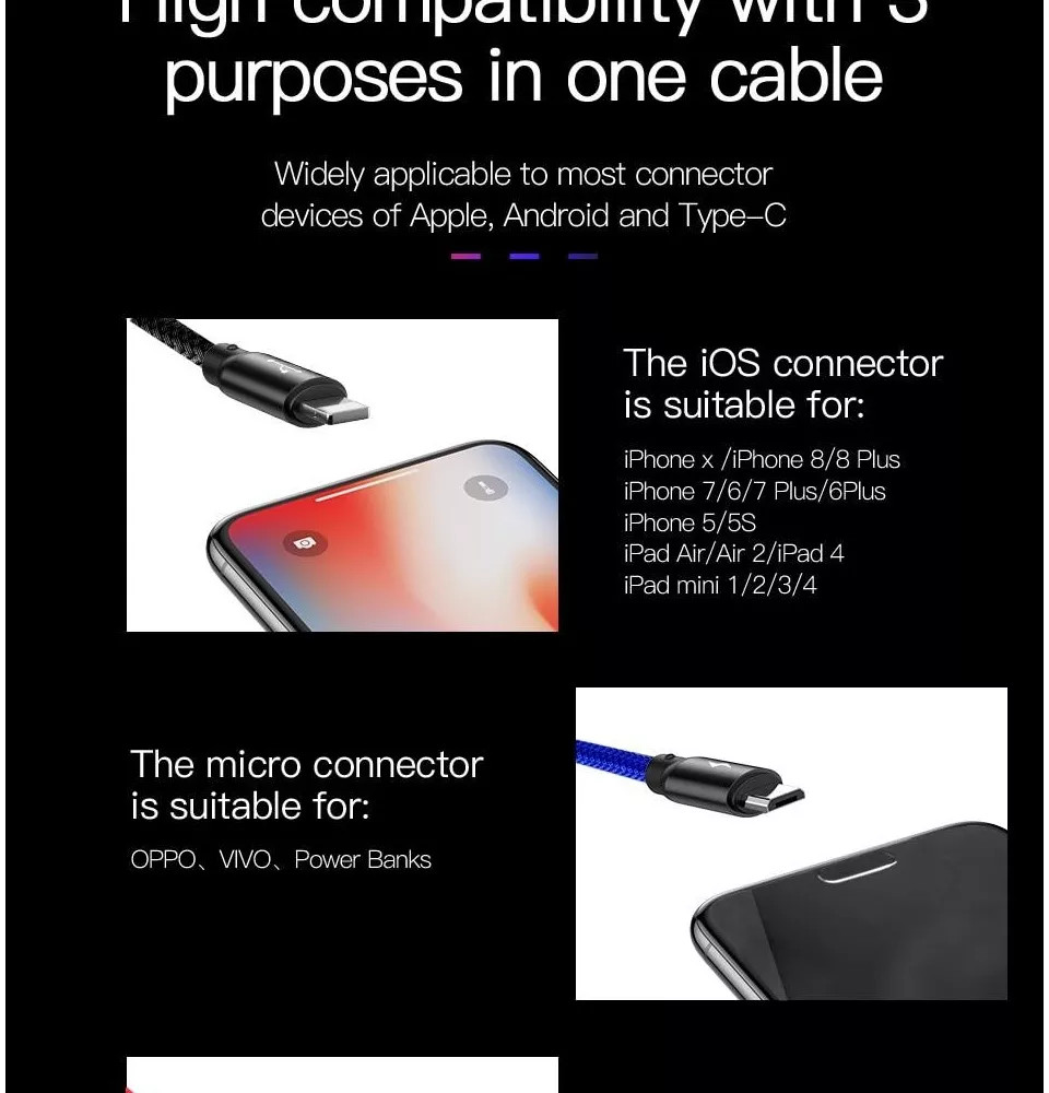 Dây cáp sạc 3 in 1 Baseus Micro USB Type-C Lightning dài 30cm sạc cùng lúc 3 thiết bị thế hệ mới