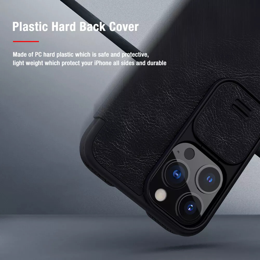 Case bao da chống sốc cho iPhone 13 Pro Max trang bị nắp bảo vệ Camera hiệu Nillkin Qin Pro