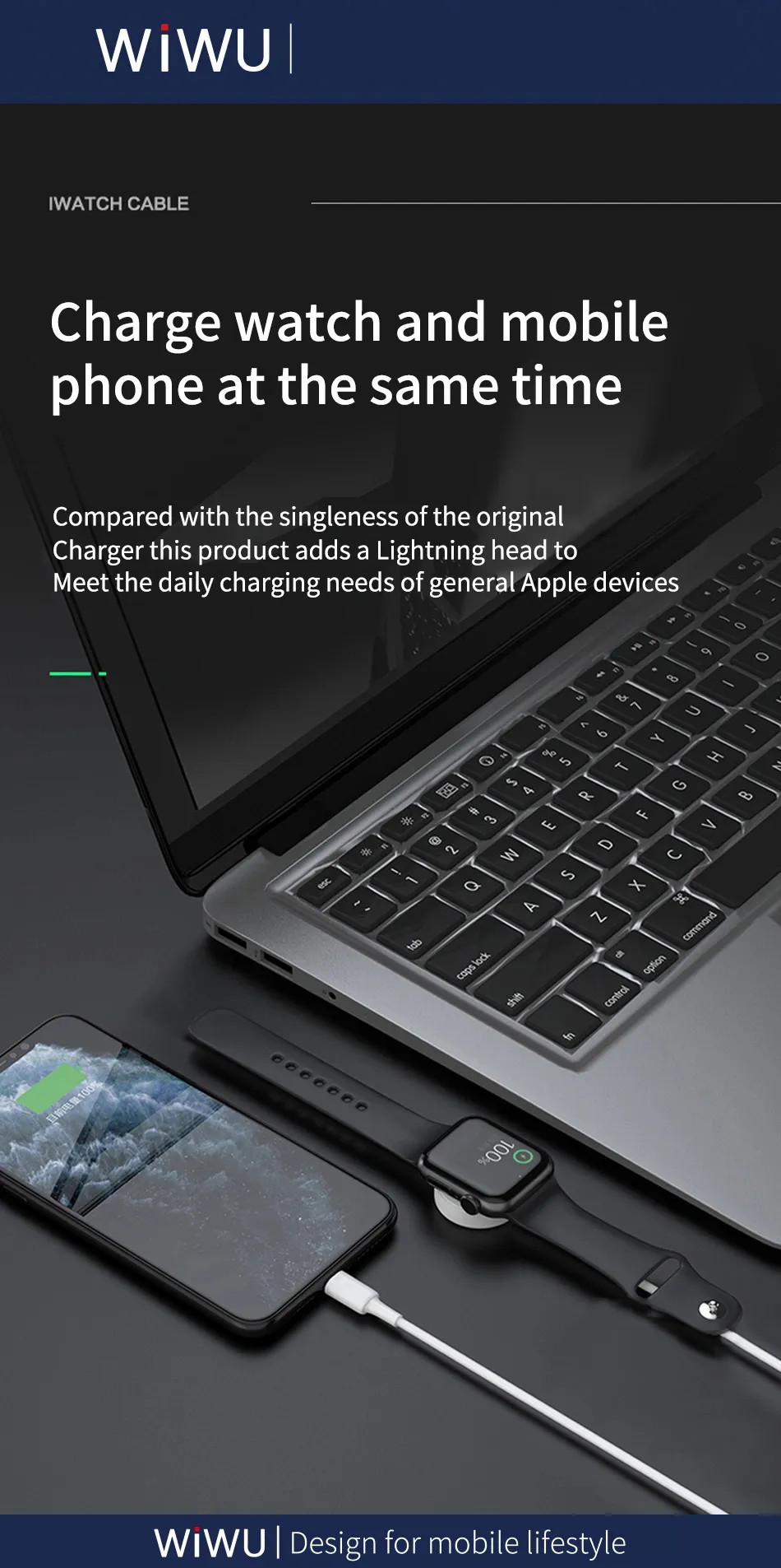 Dây cáp đế sạc nhanh 2.5W cho Apple Watch kiêm dây sạc Lightning cho iPhone / iPad / tai nghe AirPods / Airpods Pro hiệu WiWu M10 siêu nhỏ gọn, Sạc cùng lúc 2 thiết bị, chuẩn MFi Apple