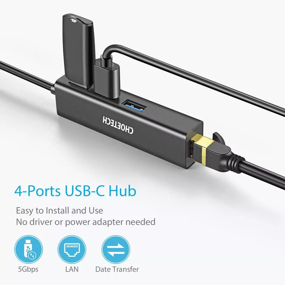 Hub Adapter chuyển đổi 4 in 1 Type-C ra 3 cổng USB 3.0 & cổng LAN RJ45 hiệu CHOETECH U02BK