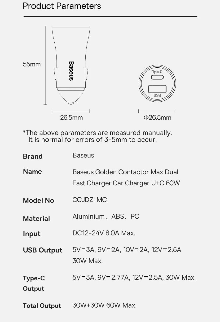 Tẩu củ sạc nhanh 60W cổng PD Type-C và USB hiệu Baseus Goldern Contactor Pro Max cho xe hơi / xe ô tô