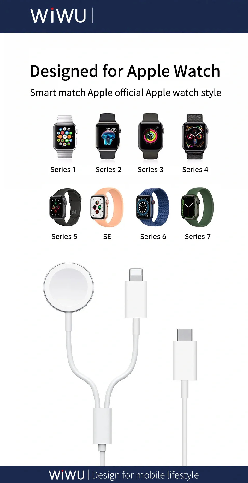 Dây cáp đế sạc nhanh 2.5W cho Apple Watch kiêm dây sạc Lightning cho iPhone / iPad / tai nghe AirPods / Airpods Pro hiệu WiWu M10 siêu nhỏ gọn, Sạc cùng lúc 2 thiết bị, chuẩn MFi Apple