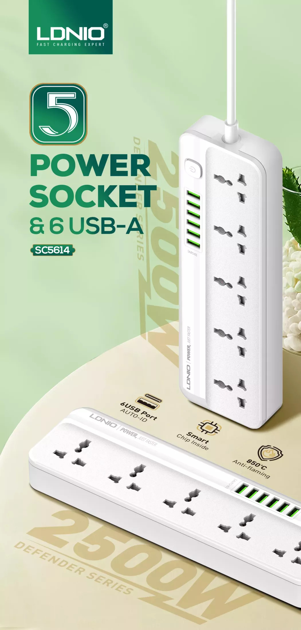 Ổ cắm điện đa năng 11 in 1 trang bị 5 ổ cắm 3 chân và 6 USB-A chuẩn 2.4A hiệu LDNIO SC5614