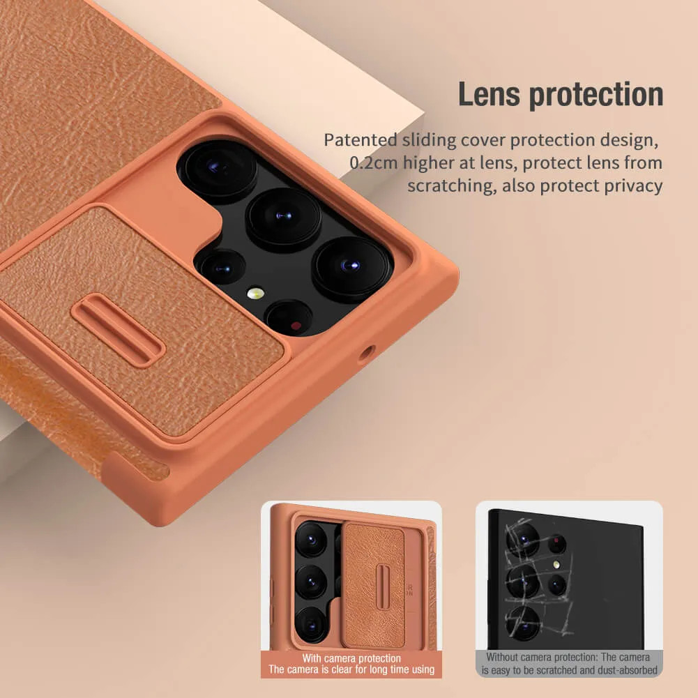 Case bao da chống sốc cho Samsung Galaxy S23 Ultra trang bị nắp bảo vệ Camera hiệu Nillkin Qin Pro