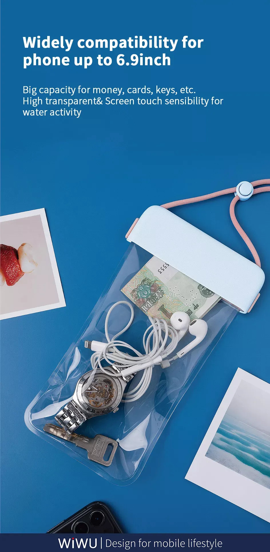 Túi chống nước waterproof cao cấp cho điện thoại 6.9 inch trở xuống chuẩn chống nước IPx8 hiệu WIWU Aqua
