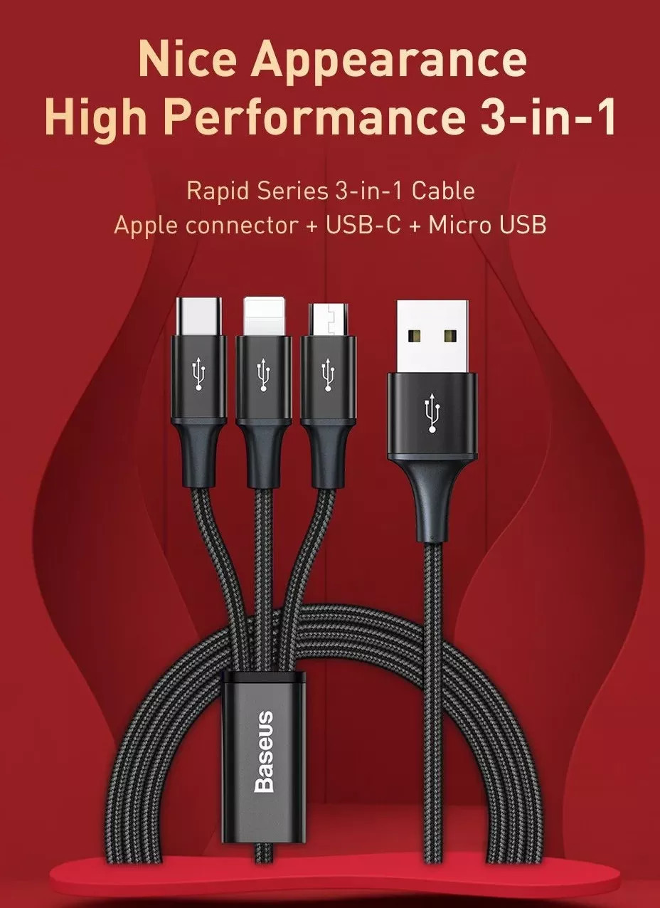 Dây cáp sạc nhanh 3A 3 in 1 USB-A to Lightning / Type-C / Micro USB hiệu Baseus Rapid Fast Charge Cable