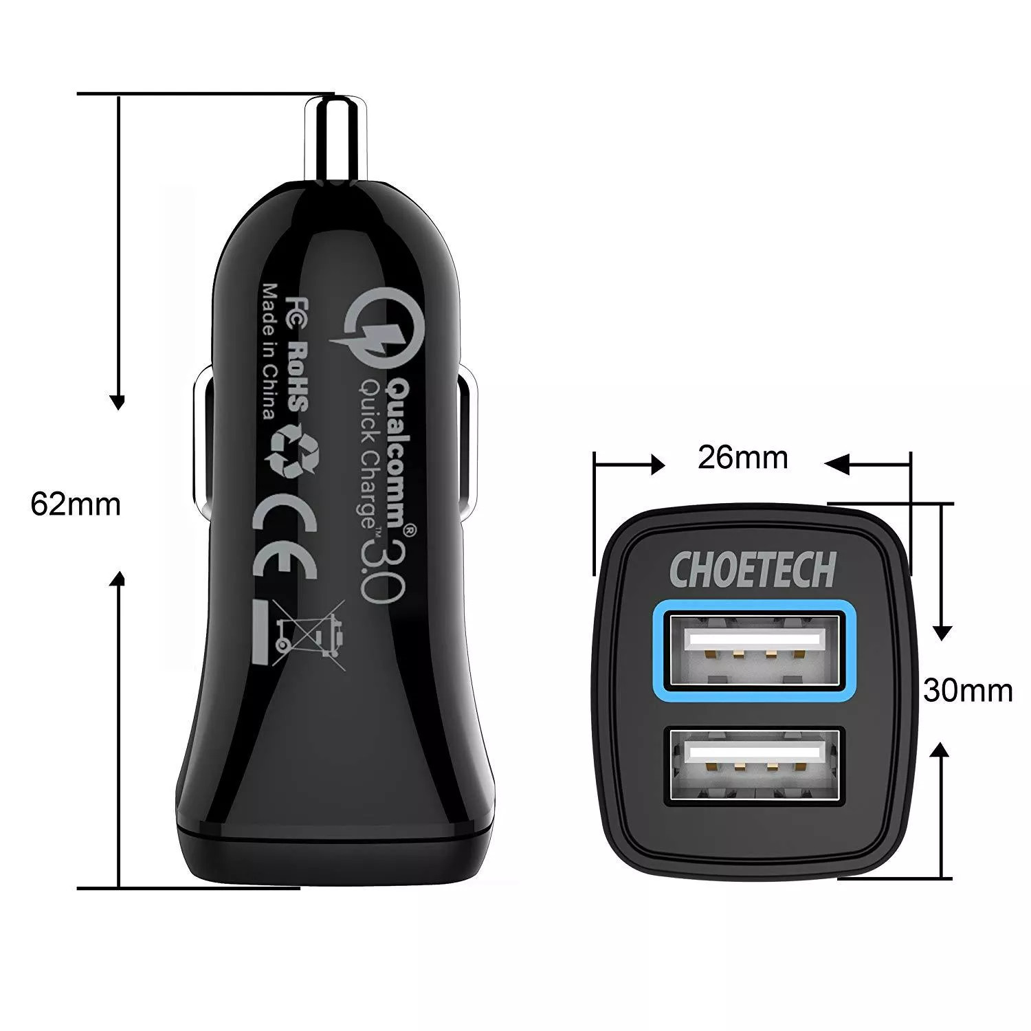 Tẩu củ sạc nhanh QC Qualcomm 3.0 đa năng dành cho xe hơi ô tô 2 cổng USB hiệu CHOETECH C0051 