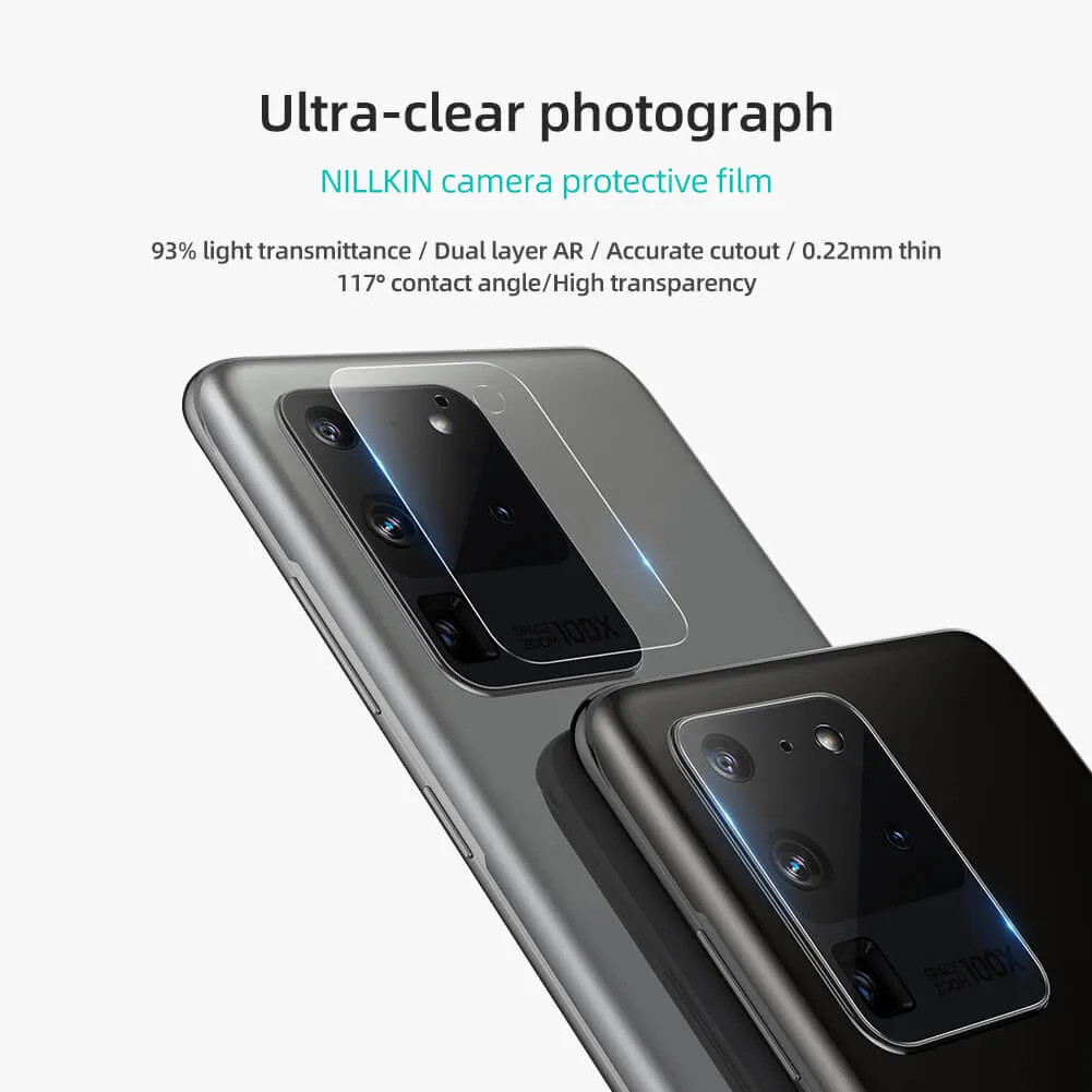 Bộ 2 miếng dán kính cường lực camera Samsung Galaxy S20 Ultra mỏng 0.22mm hiệu Nillkin InvisiFilm độ cứng 9H chống vân tay không ảnh hưởng chất lượng ảnh chụp