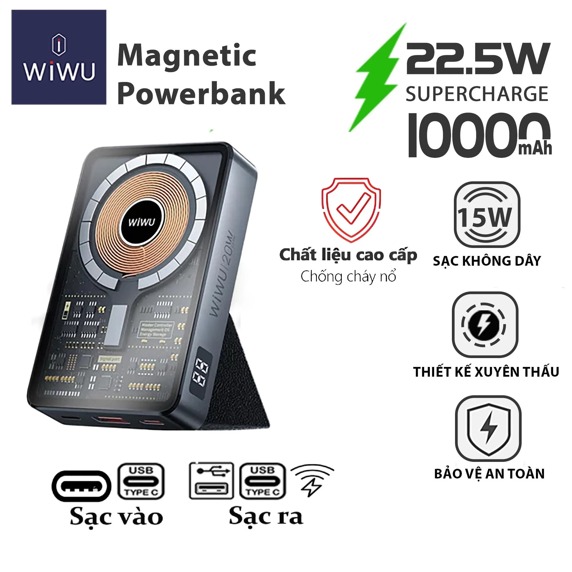in sạc dự phòng sạc không dây Magsafe sạc nhanh 15W 10000mAh có cổng sạc nhanh 20W chuẩn PD Type-C 3.0 và cổng USB chuẩn 2.4A kiêm giá đỡ điện thoại hiệu WIWU JC-21