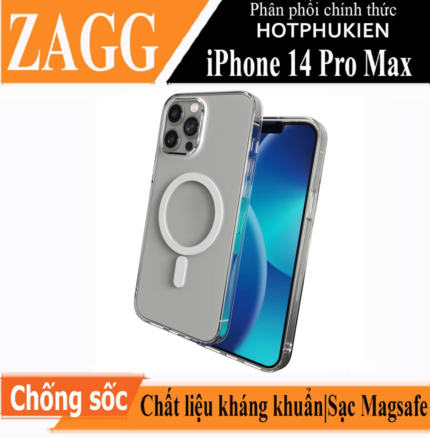 Ốp lưng kháng khuẩn chống sốc hỗ trợ sạc Magsafe cho iPhone 14 Pro Max (6.7 inch) hiệu ZAGG Gear4 Crystal Clear Case