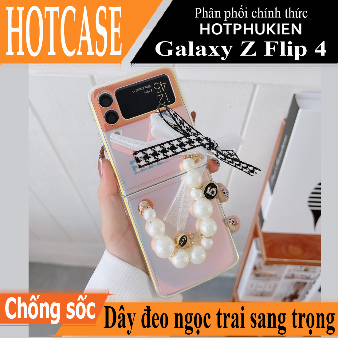 Ốp lưng chống sốc có dây đeo ngọc trai cho Samsung Galaxy Z Flip 4 hiệu HOTCASE Pearl Strap Case (chất liệu cao cấp sang trọng, thiết kế thời trang nữ tính)