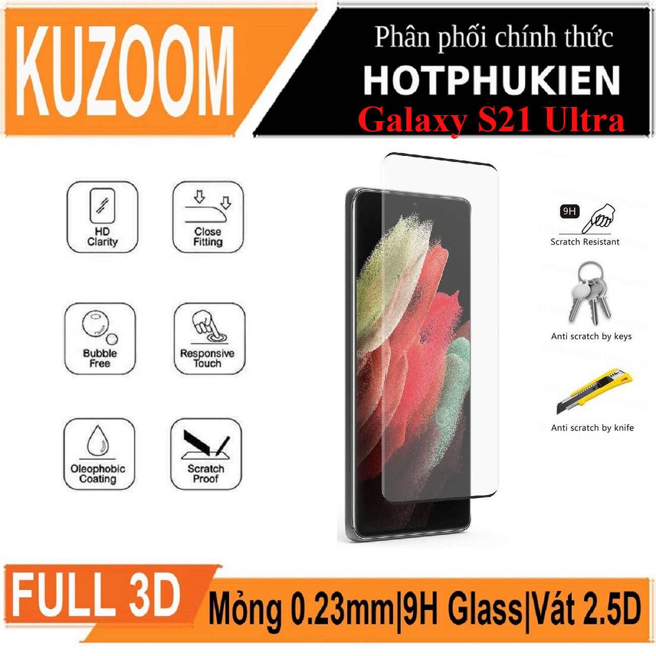 Miếng dán kính cường lực 3D cho Samsung Galaxy S21 Ultra hiệu Kuzoom Protective Glass - mỏng 0.3mm, vát cạnh 2.5D, độ cứng 9H, viền cứng mỏng