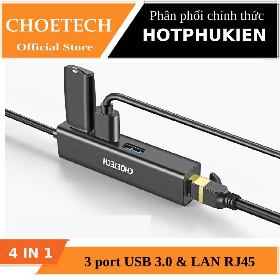 Hub Adapter chuyển đổi Type-C 4 in 1 ra 3 cổng USB 3.0 & cổng LAN RJ45 thương hiệu CHOETECH U02BK