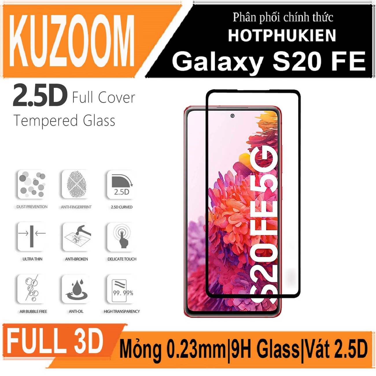 Miếng dán kính cường lực 3D cho Samsung Galaxy S20 FE hiệu Kuzoom Protective Glass - mỏng 0.3mm, vát cạnh 2.5D, độ cứng 9H, viền cứng mỏng
