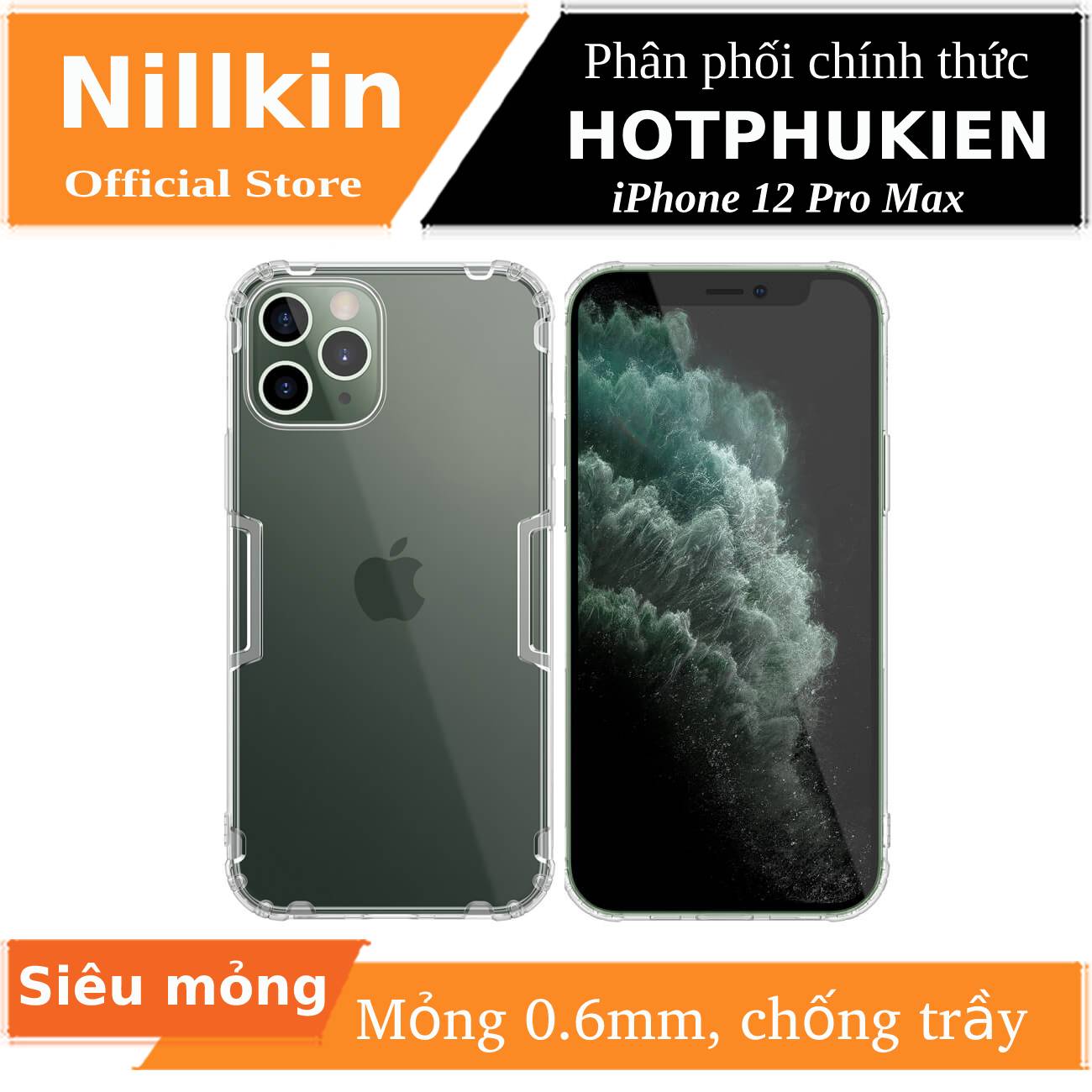 Ốp lưng silicon trong suốt cho iPhone 12 Pro Max hiệu Nillkin mỏng 0.6mm