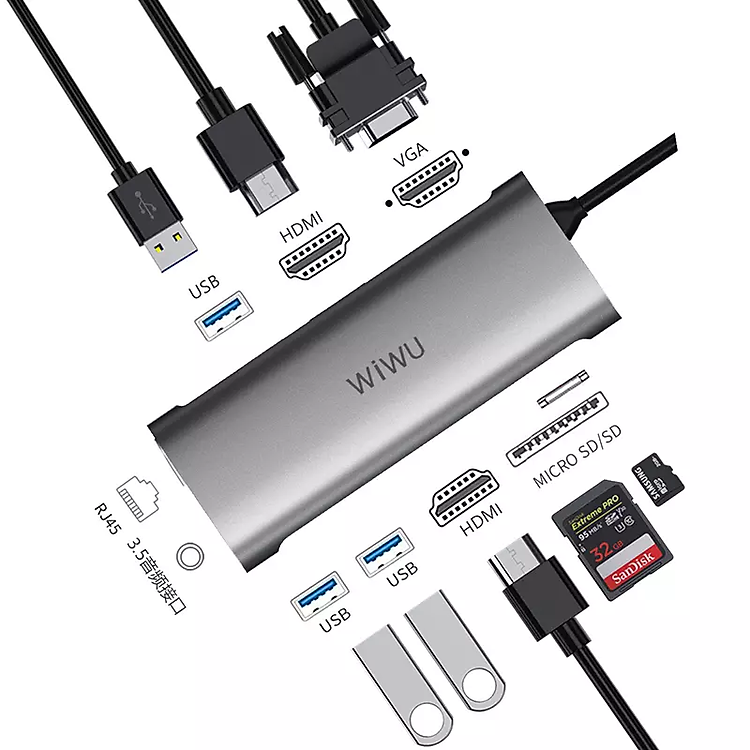 Hub chia cổng Type-C đa năng 10 in 1 từ Type-C chia ra 3 cổng USB 3.0, AUX 3.5mm, 2 cổng HDMI chuẩn 4k, VGA 1080P, LAN RJ45, thẻ nhớ SD/Micro SD hiệu Wiwu Alpha A11312H