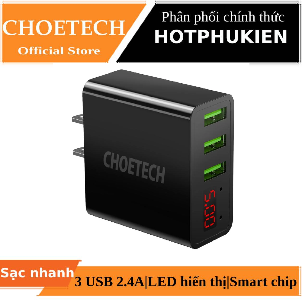 Cóc củ sạc nhanh 3 cổng USB hiệu CHOETECH C0026 bản US-UK (sạc nhanh 2.4A / Port 3 Port USB Max 3A trang bị LED hiển thị)