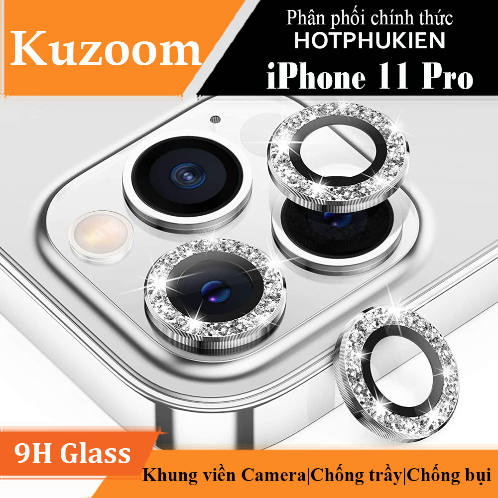 Bộ miếng dán kính cường lực Camera Diamond đính đá cho iPhone 11 Pro hiệu Kuzoom Lens Ring