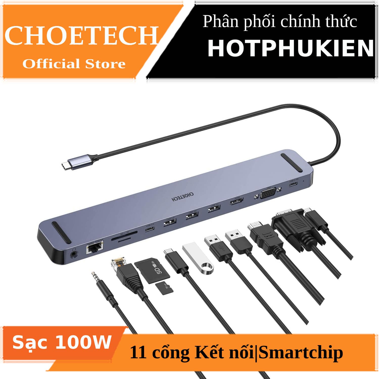 Hub chia cổng sạc nhanh 100W Type-C đa năng 11 in 1 kiêm giá đỡ hiệu CHOETECH M20 Type-C PD 3.0 3 USB 3.0 Data Type-C AUX 3.5mm HDMI 4k VGA 1080P LAN RJ45 SD/Micro SD)