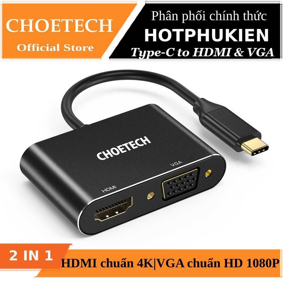 Hub chia cổng 2 in 1 Type-C thành cổng VGA Full HD & cổng HDMI chuẩn 4K hiệu CHOETECH M07BK
