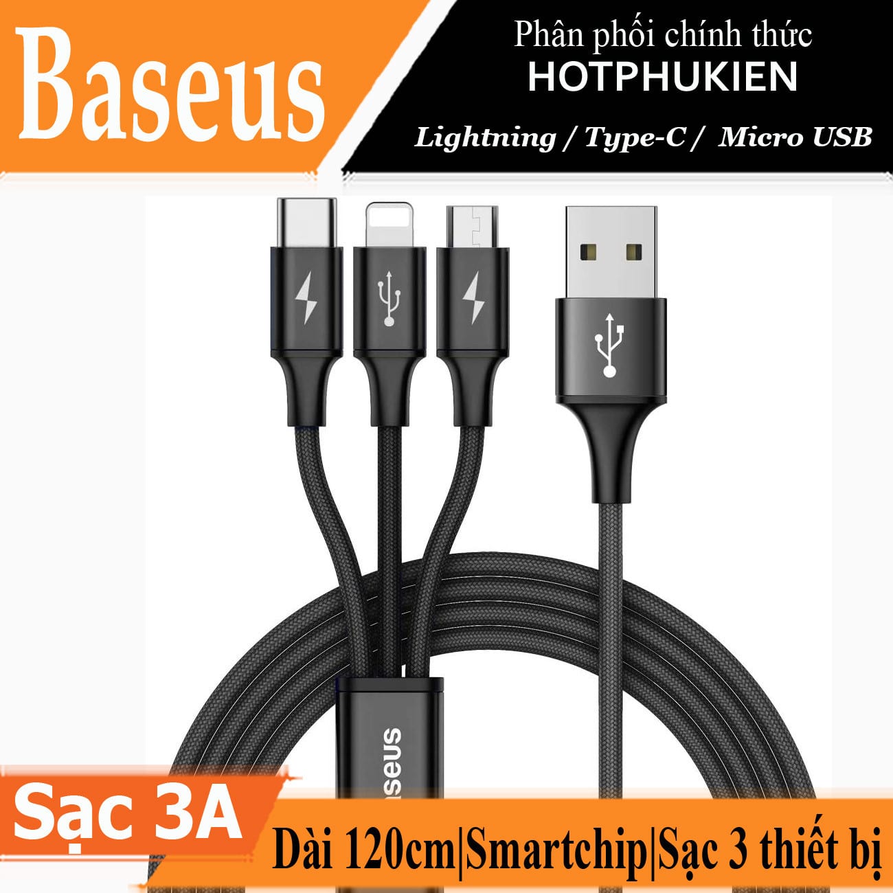 Dây cáp sạc nhanh 3A 3 in 1 USB-A to Lightning / Type-C / Micro USB hiệu Baseus Rapid Fast Charge Cable