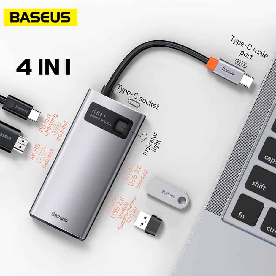 Hub chuyển đổi USB Type-C 4 in 1 hỗ trợ sạc nhanh 100W sang 1 cổng PD Type-C 3.0, 1 cổng USB 3.0, 1 cổng USB 2.0, HDMI 4K hiệu Baseus Metal Gleam Series