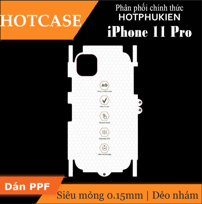 Miếng dán PPF Full mặt lưng và viền mỏng 0.15mm cho iPhone 11 Pro hiệu HOTCASE (dẻo nhám)