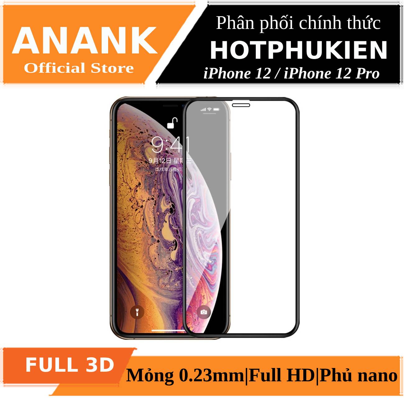 Miếng dán kính cường lực Full 3D cho iPhone 12 / iPhone 12 Pro (6.1 inch) chính hãng Anank Nhật Bản