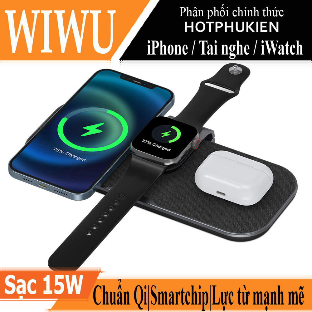 Giá đỡ từ tính kiêm đế sạc không dây Qi sạc nhanh 15W 3 in 1 hỗ trợ sạc dành cho Apple Airpods / Appe Watch / iPhone hiệu WIWU Power Air Wireless Charger PA3IN1B