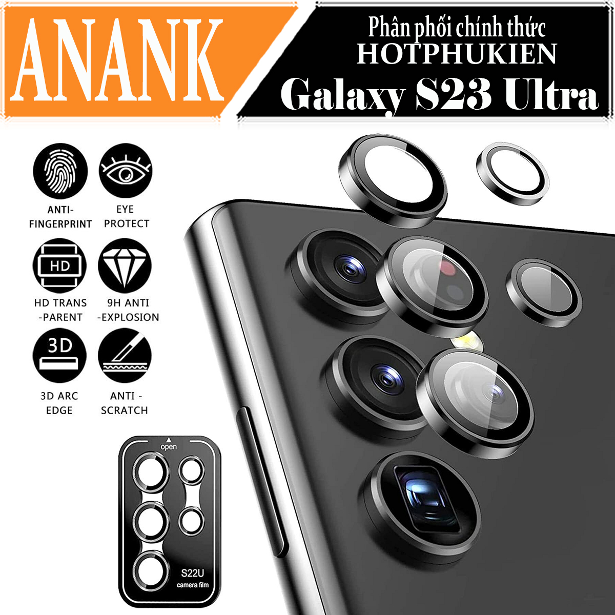 Tấm dán kính cường lực Camera cho Samsung Galaxy S23 Ultra hiệu ANANK - công nghệ kết dính tự động, mặt kính AGC sắc nét với độ cứng 9H, trang bị khung tự dán dễ dàng tự dán ở nhà