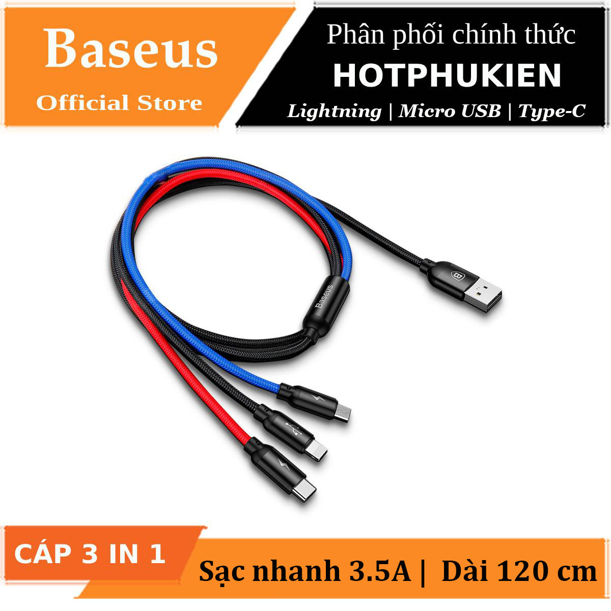 Dây cáp sạc 3 in 1 Baseus Micro USB Type-C Lightning dài 120cm