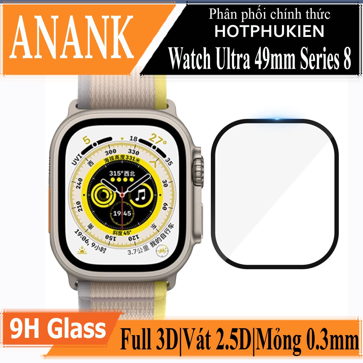 Miếng dán kính cường lực Full 3D cho Apple Watch Ultra 49mm Series 8 hiệu ANANK Protector Pro