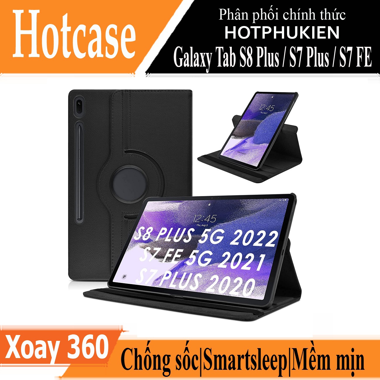 Case bao da Samsung Galaxy Tab S8 Plus / Tab S7 Plus / Tab S7 FE 12.4 inch xoay 360 độ chống sốc hiệu HOTCASE