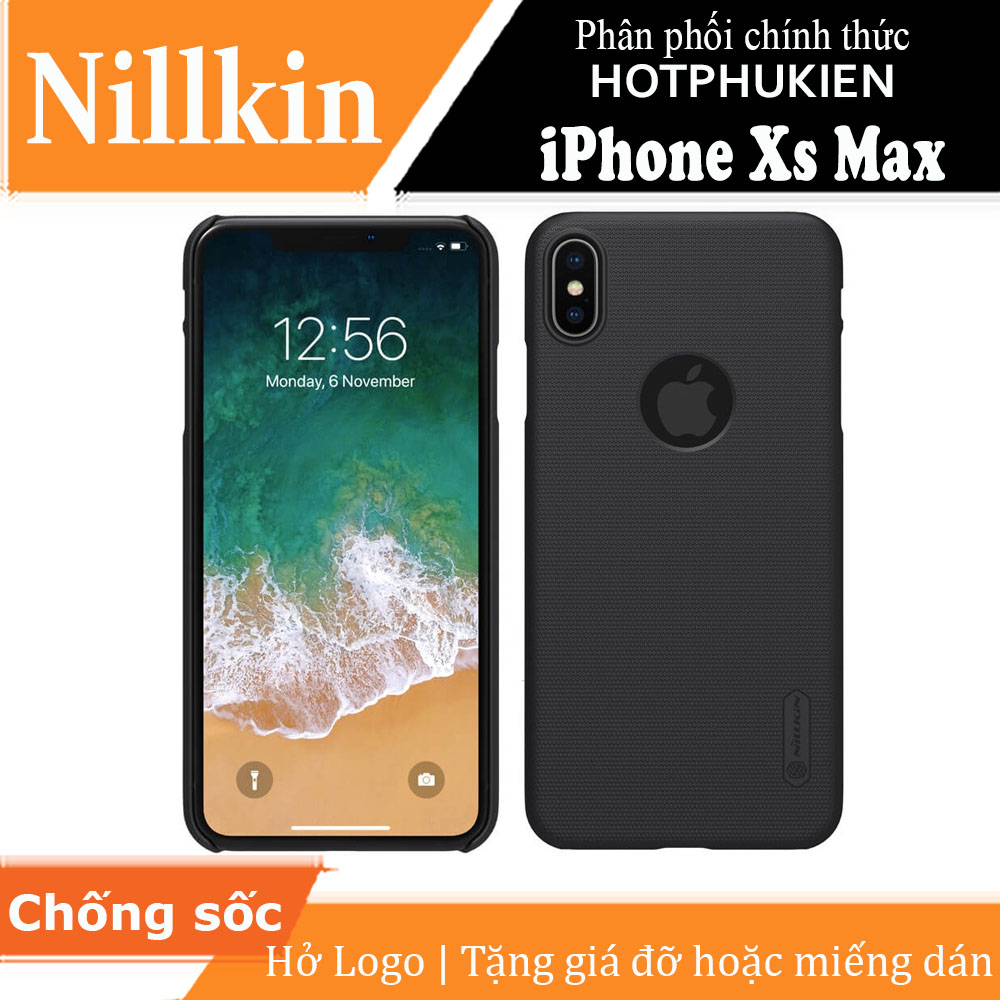 Ốp Lưng Sần chống sốc (hở Logo) cho iPhone Xs Max hiệu Nillkin Super Frosted Shield (tặng kèm giá đỡ hoặc miếng dán từ tính)
