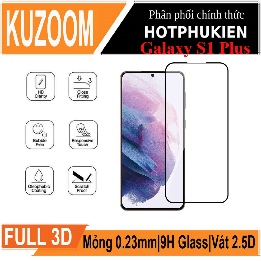 Miếng dán kính cường lực 3D cho Samsung Galaxy S21 Plus / Galaxy S21+ hiệu Kuzoom Protective Glass - mỏng 0.3mm, vát cạnh 2.5D, độ cứng 9H, viền cứng mỏng