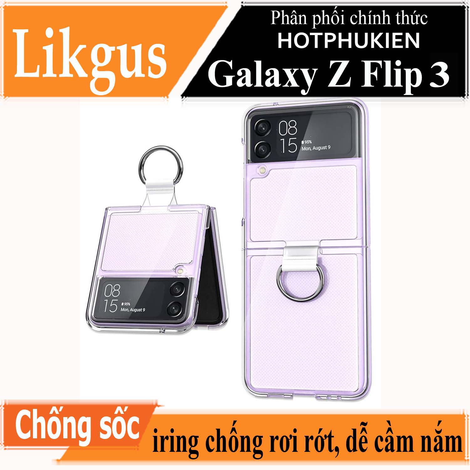 Ốp lưng trong suốt kèm iring cho Samsung Galaxy Z Flip 3 hiệu Likgus Cover Ring