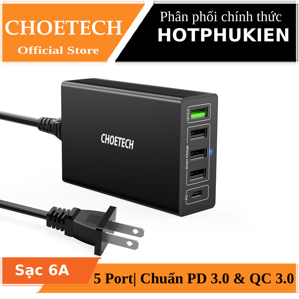 Adapter cóc củ sạc nhanh 60W 4 cổng USB & 1 cổng PD Type-C hiệu CHOETECH Q3-4U2Q (sạc nhanh 1 cổng PD 2.0 Type-C & 1 cổng USB QC 3.0 & 3 cổng USB 2.4A Max 6A)
