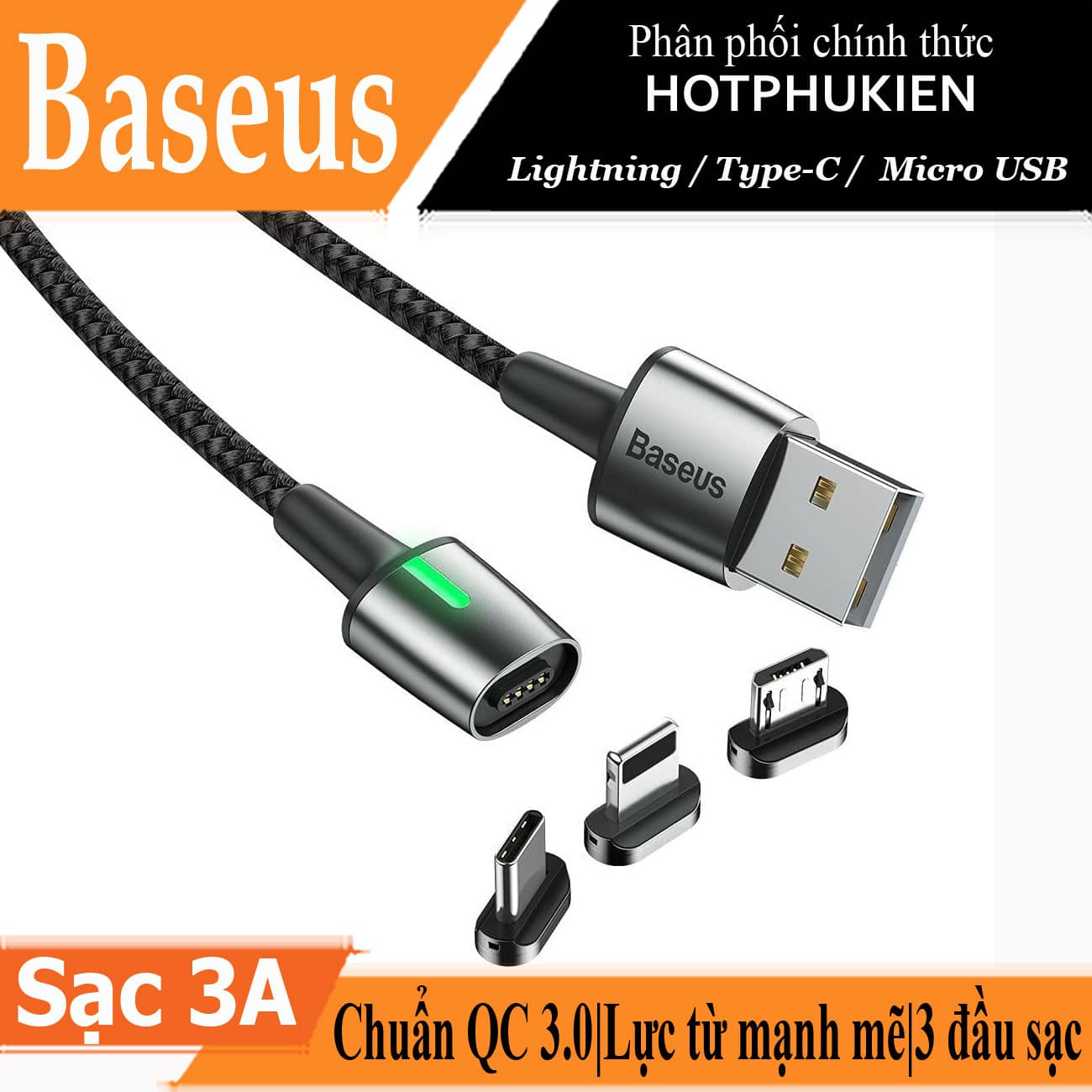 (Dài 1M) Dây cáp sạc từ tính 3 in 1 sạc nhanh 3A trang bị 3 đầu sạc Lightning / Type-C / Micro USB hiệu Baseus Zinc Magnetic Series 2 Cable Kit