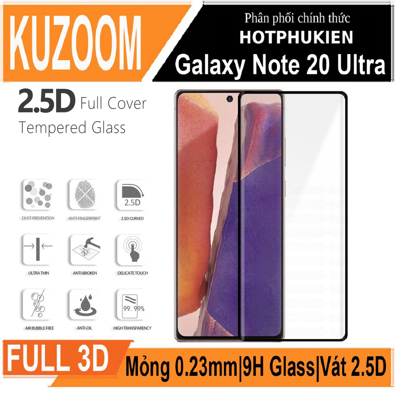 Miếng dán kính cường lực 3D cho Samsung Galaxy Note 20 Ultra hiệu Kuzoom Protective Glass - mỏng 0.3mm, vát cạnh 2.5D, độ cứng 9H, viền cứng mỏng