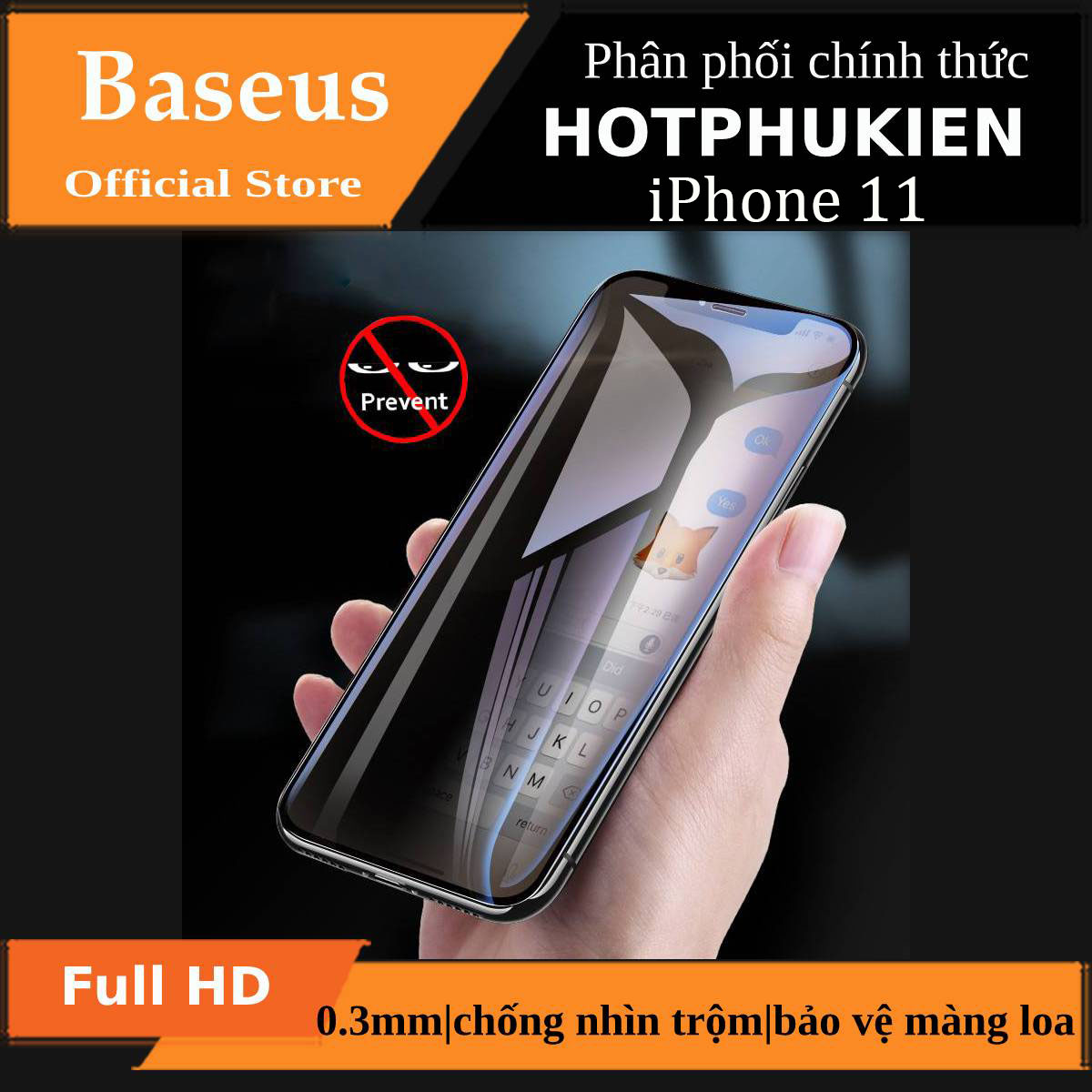 Miếng dán kính cường lực chống nhìn trộm cho iPhone 11 hiệu Baseus