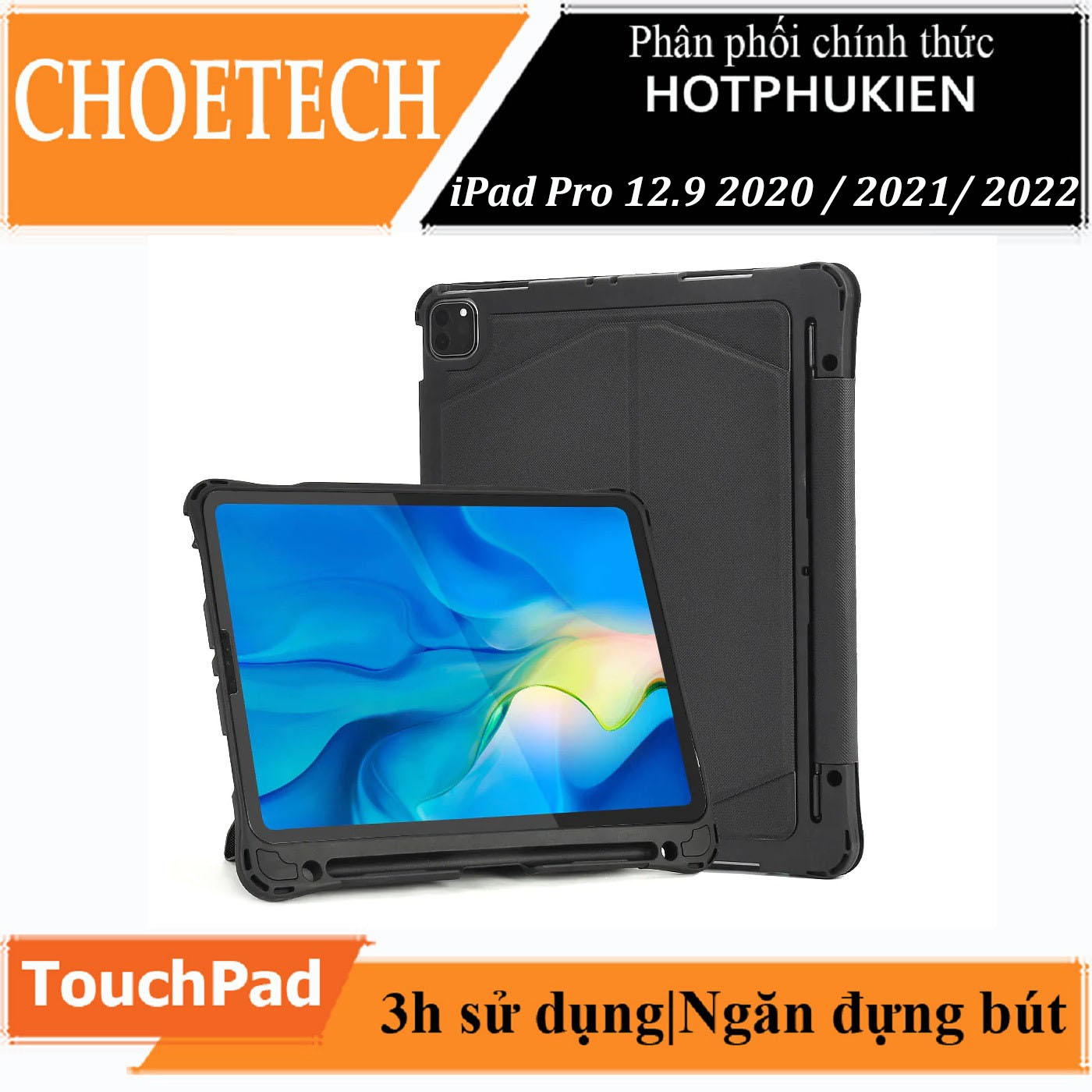 Case bao da bàn phím không dây Bluetooth cho iPad Pro 12.9 2021 Chip M1 / 2020 / 2022 có ngăn đựng bút hiệu CHOETECH BH-010